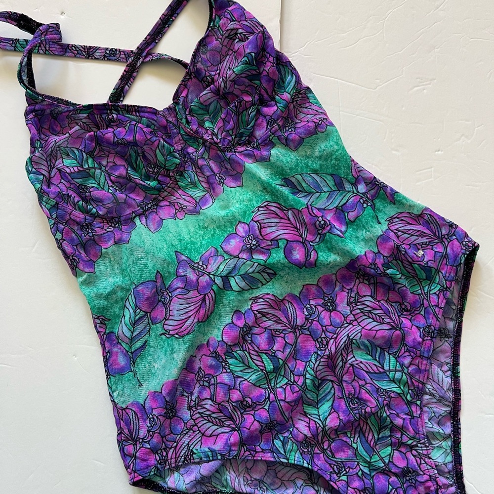 90-s Y2K SOLAR Sheer See-Through Floral One Piece Swimsuit Size 10, 12